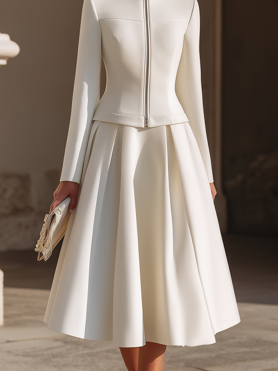 Stand Collar Zip-Up Jacket And Pleated Midi Skirt Set | Elegant Women's Dress