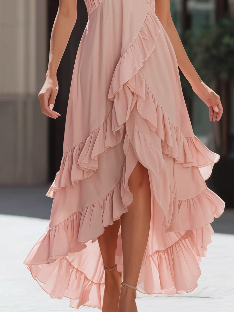 Asymmetrical Ruffle Chiffon Maxi Dress With Spaghetti Straps | Elegant Women's Dress