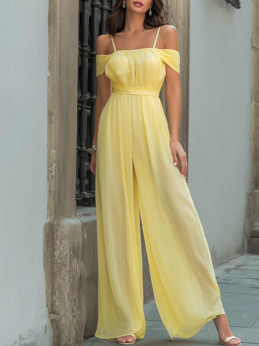 Soft Yellow Off-Shoulder Chiffon Wide-Leg Jumpsuit | Elegant Women's Dress