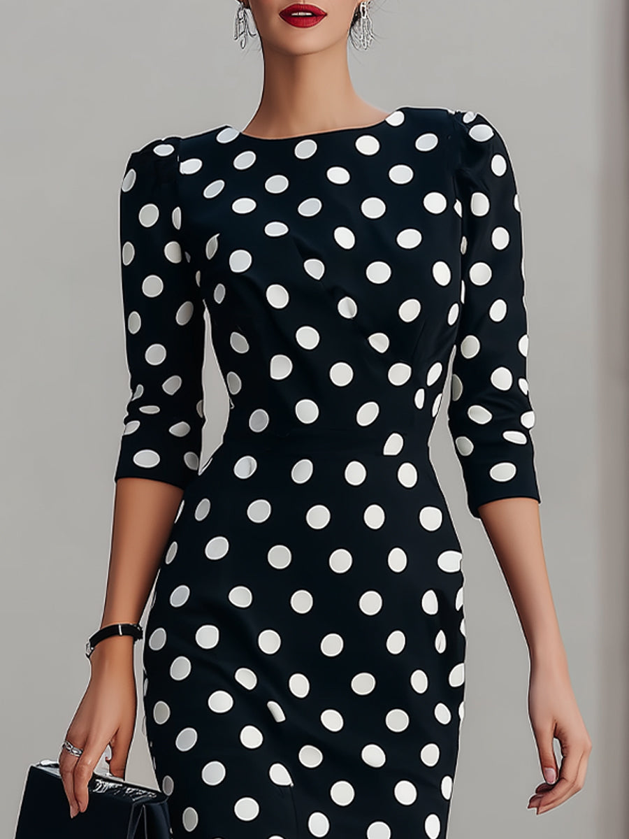 Black & White Polka Dot Midi Sheath Dress | Elegant Women's Dress