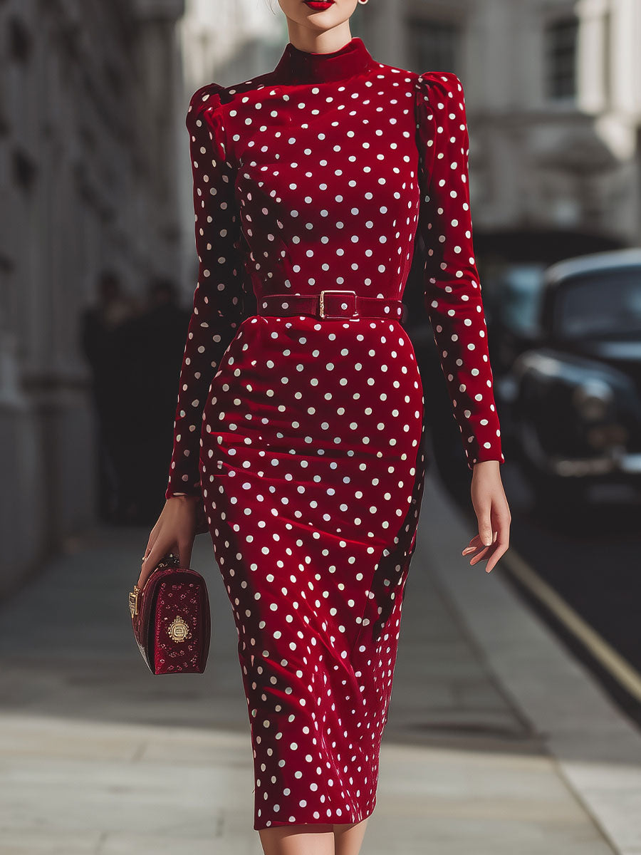 Vintage-Inspired Red Polka Dot Velvet Midi Dress | Elegant Women's Dress