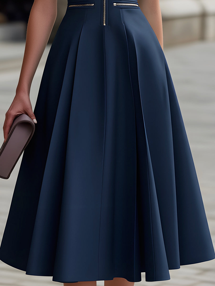 Zip-Front Short Sleeve Fit & Flare Midi Dress | Elegant Women's Dress