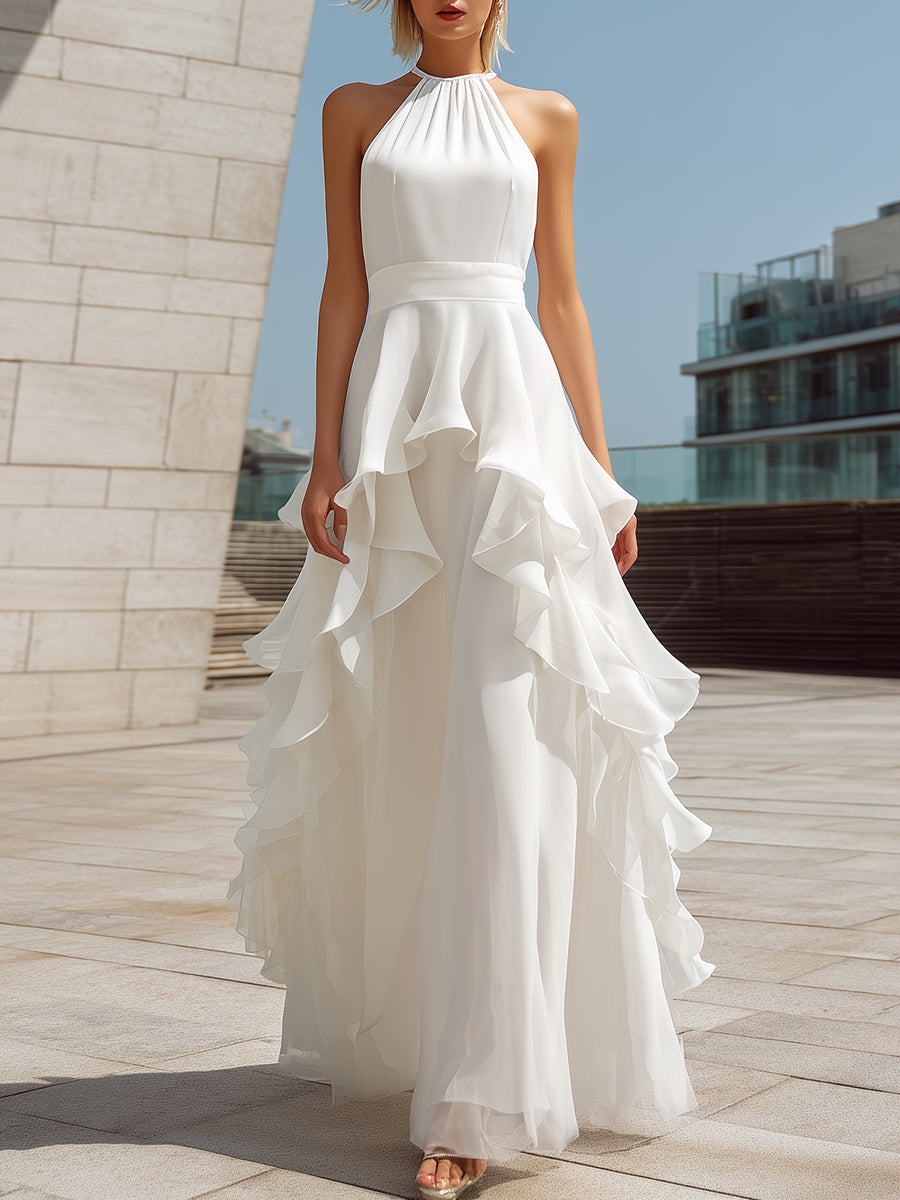 White Halter Layered Ruffle Maxi Dress | Elegant Women's Dress