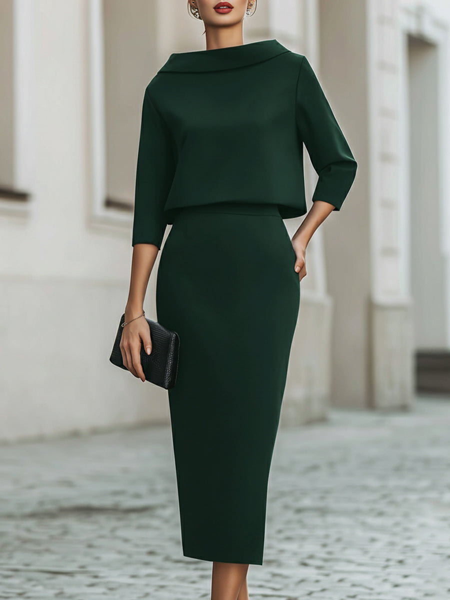 Boat Neck Top And Midi Skirt Set | Elegant Women's Dress