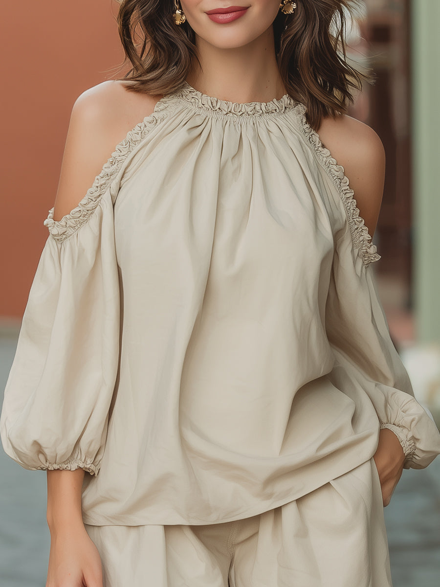 Ruffled Cold-Shoulder Blouse And Shorts Two-Piece Set | Elegant Women's Dress