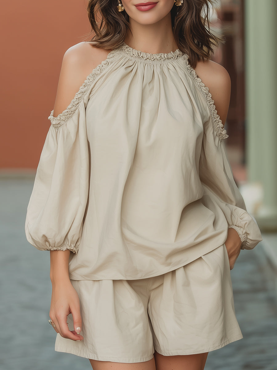 Ruffled Cold-Shoulder Blouse And Shorts Two-Piece Set | Elegant Women's Dress