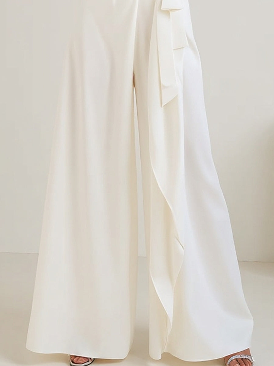 White Cross-Neck Lace Panel Wide-Leg Jumpsuit With Tie Waist | Elegant Women's Dress