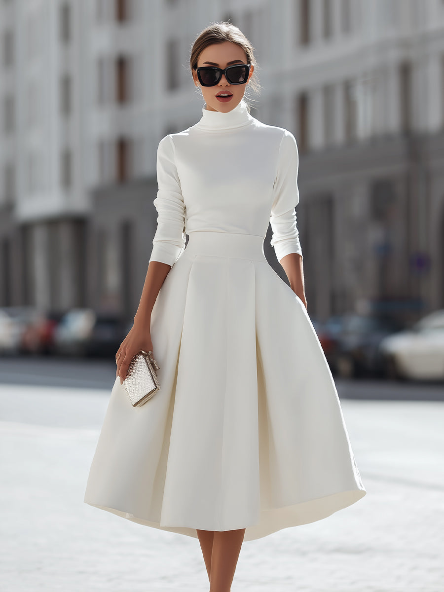 Long Sleeve High-Neck Top And Midi Skirt Two-Piece Set | Elegant Women's Dress