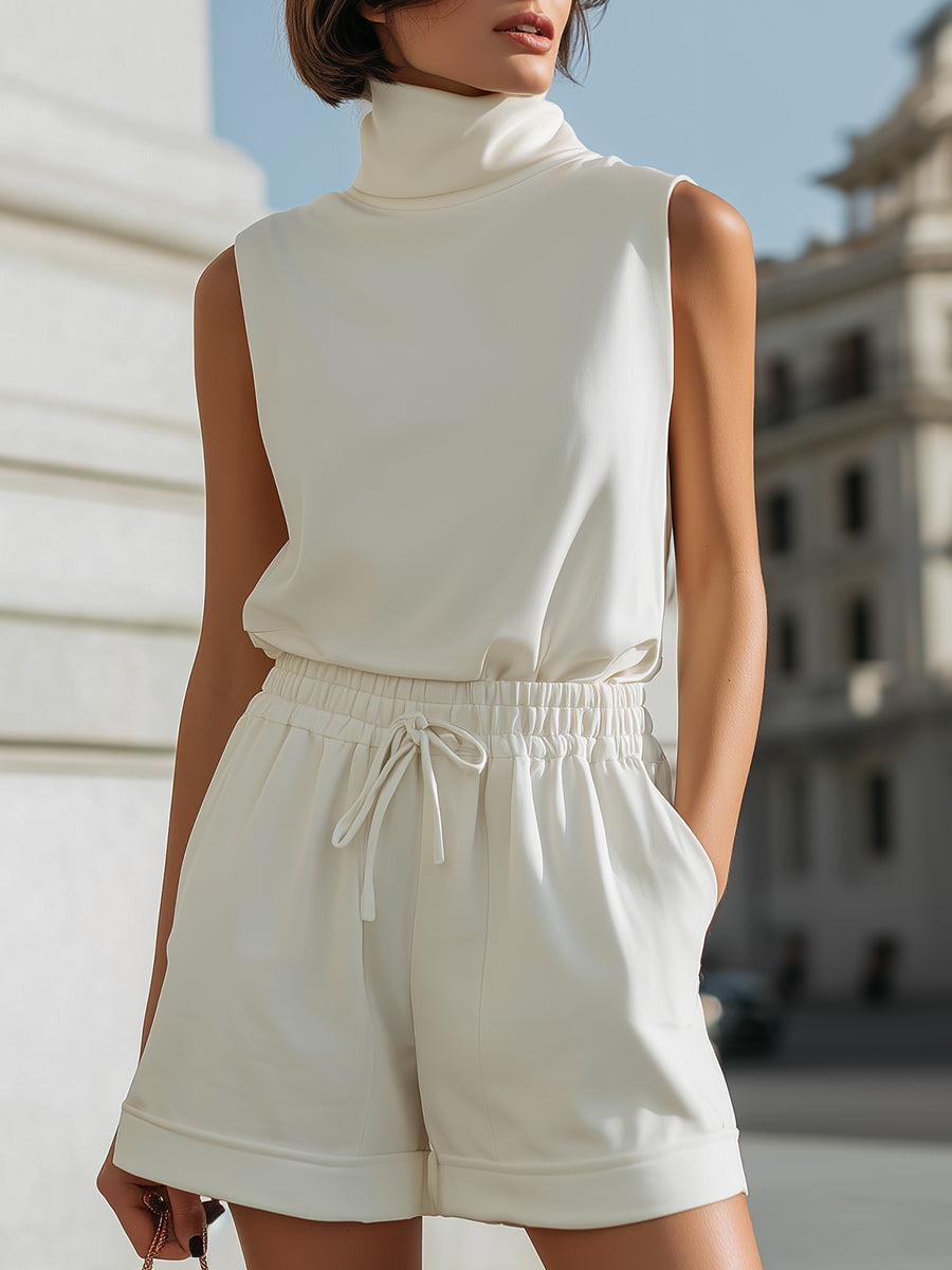 Minimalist Turtleneck Vest & Drawstring Short Set | Elegant Women's Dress