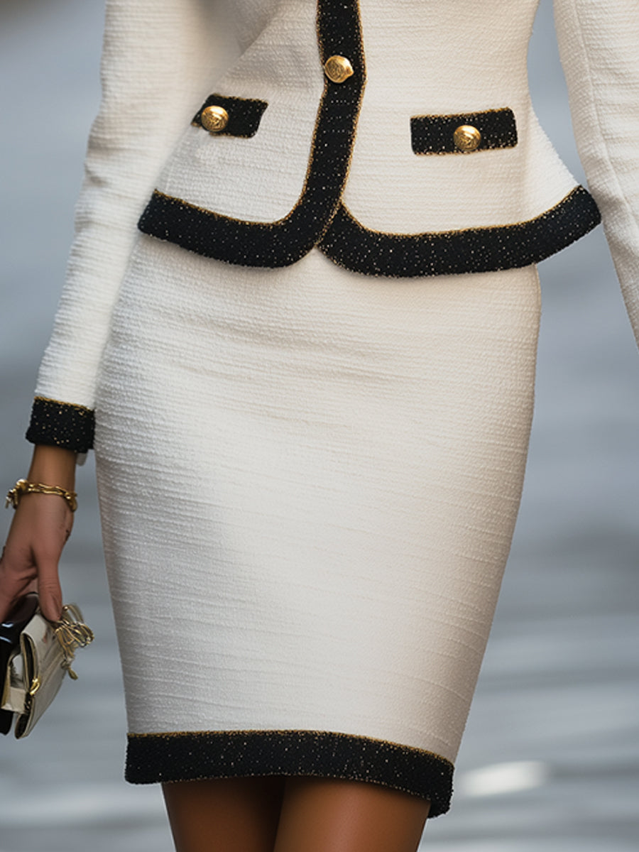 Vintage-Inspired Tweed Contrast-Trim Skirt Set | Elegant Women's Dress