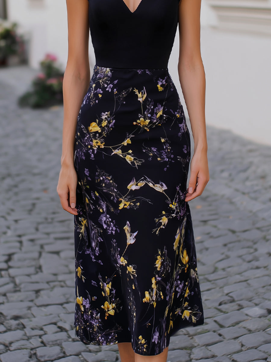 V-Neck Ruffle-Shoulder Floral Midi Dress | Elegant Women's Dress