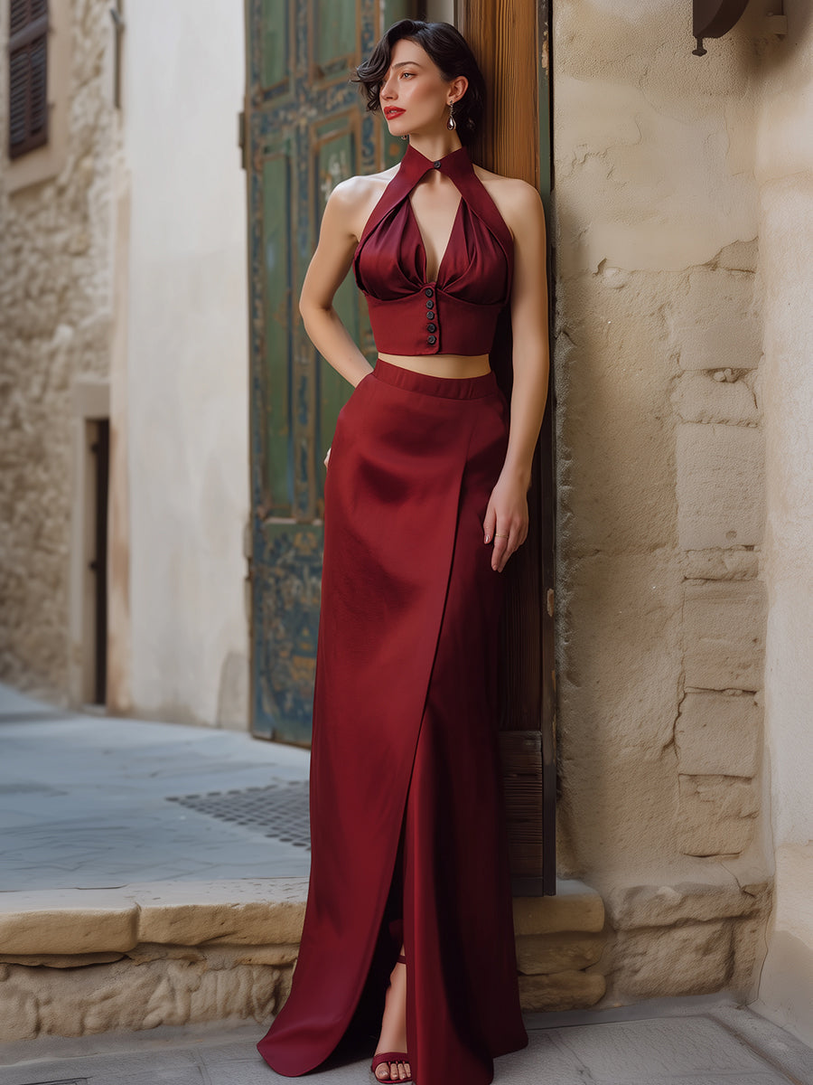 Sophisticated Satin Two-Piece Halter Set - Cropped Vest And Maxi Skirt | Elegant Women's Dress