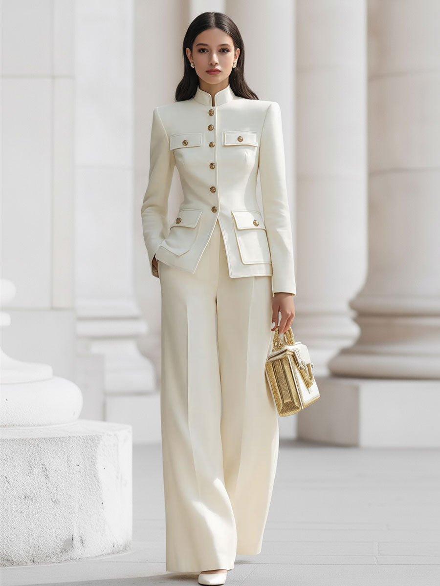 Elegant Cream Military-Inspired Tailored Suit Set With Gold Accents | Elegant Women's Dress