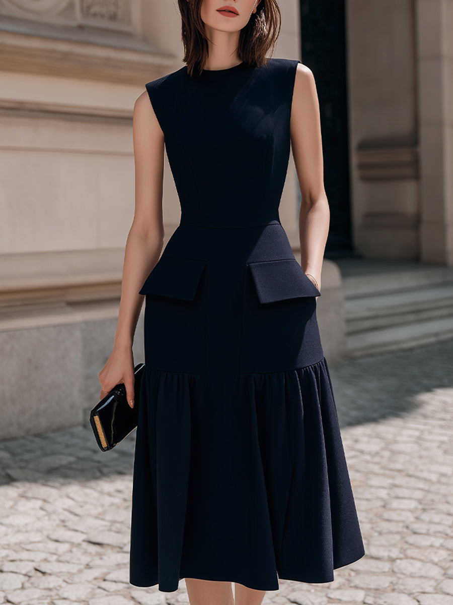 Structured Sleeveless Midi Dress With Flared Hem | Elegant Women's Dress