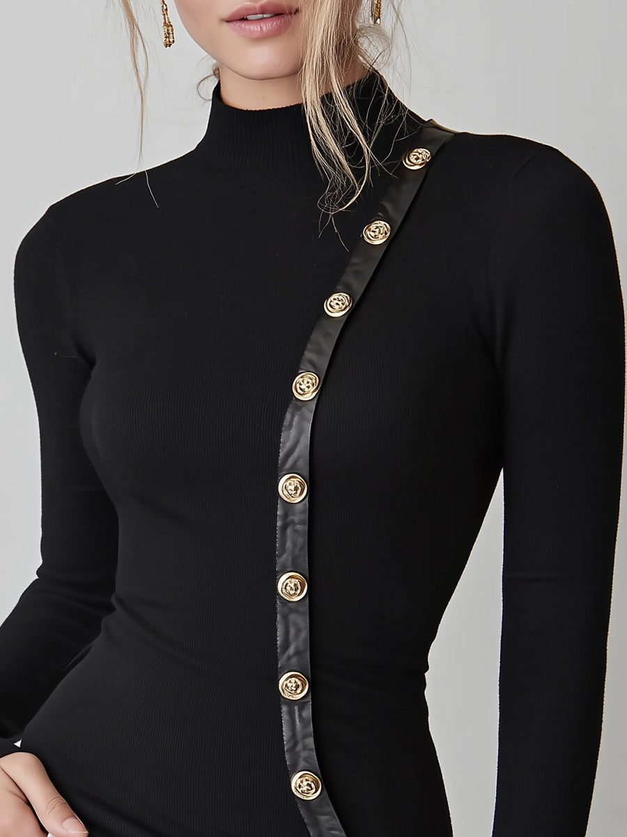 Black Rib-Knit Turtleneck Top - Edgy Leather Trim & Gold Button Detail | Elegant Women's Dress