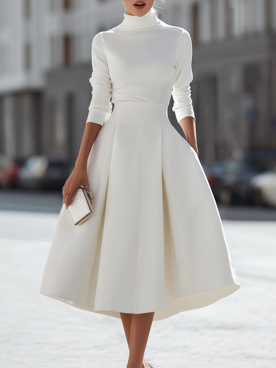 Long Sleeve High-Neck Top And Midi Skirt Two-Piece Set | Elegant Women's Dress