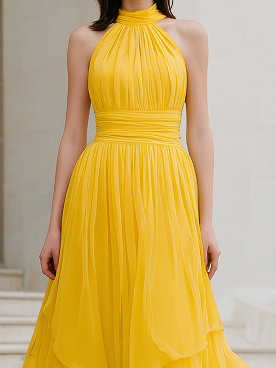 Yellow Halter Neck Pleated Chiffon Maxi Dress With Tiered Hem | Elegant Women's Dress