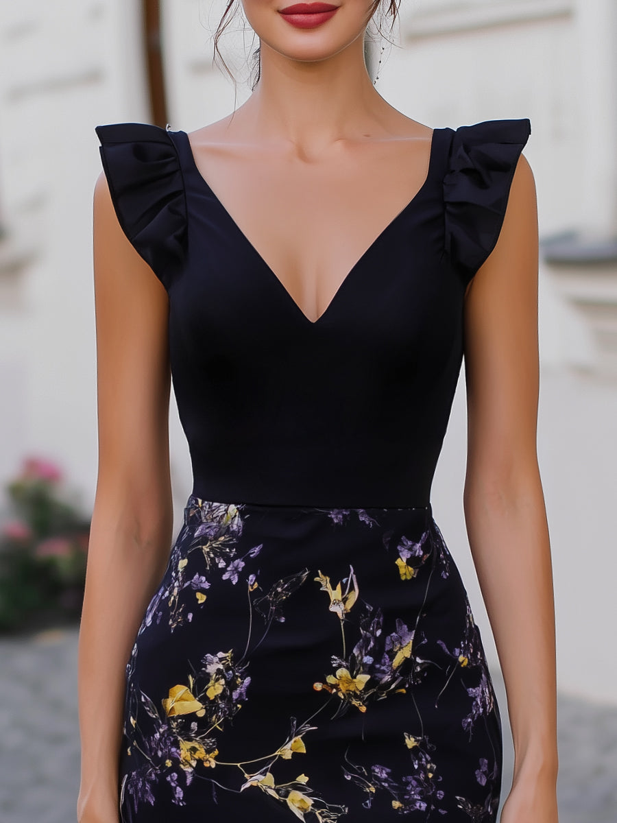 V-Neck Ruffle-Shoulder Floral Midi Dress | Elegant Women's Dress