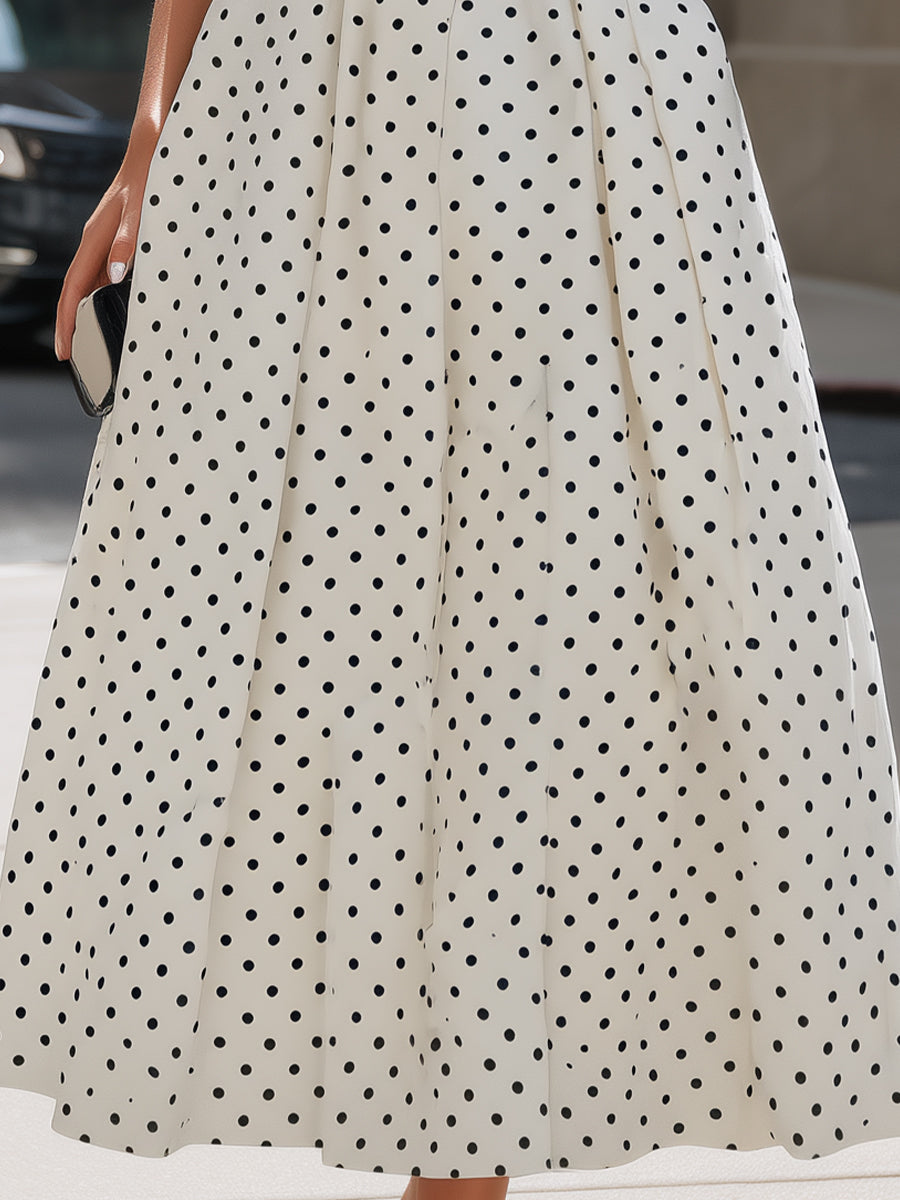 Vintage Polka Dot Mock Neck Cap-Sleeve Midi Dress | Elegant Women's Dress