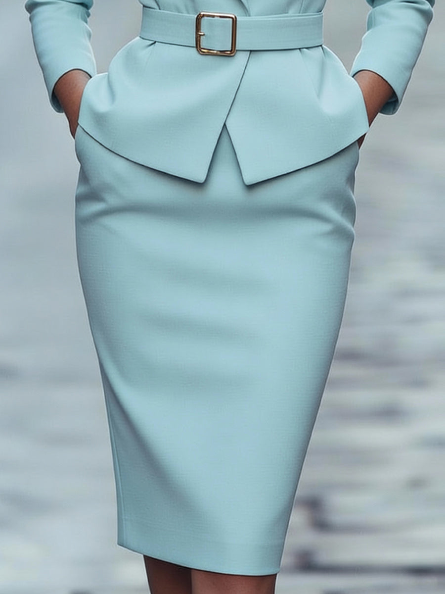 Light Blue Belted Blazer & Pencil Skirt Set | Elegant Women's Dress
