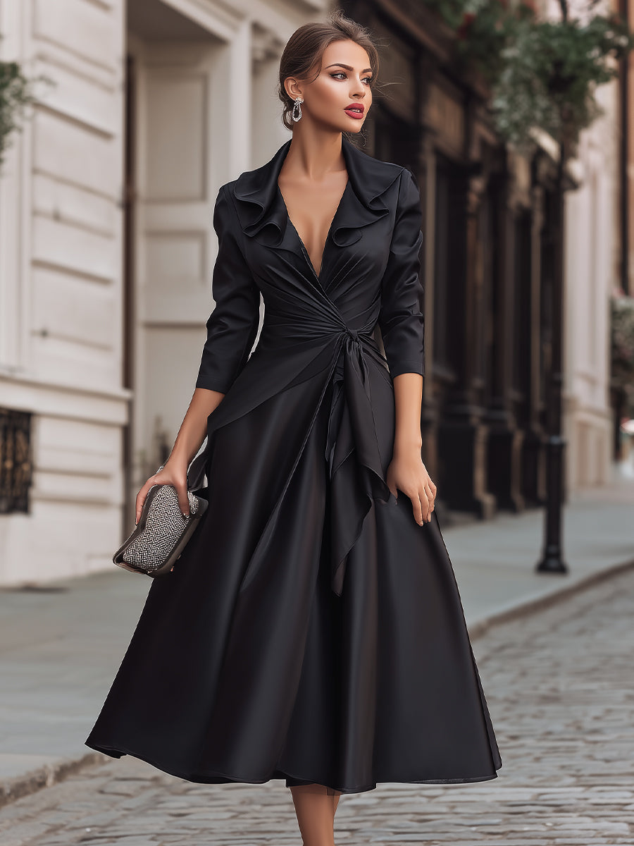 Black Satin Wrap Dress With Ruffled Collar | Elegant Women's Dress