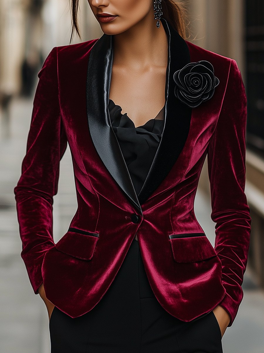 Burgundy Velvet Blazer with Satin Lapels and Black Rose Detail | Elegant Women's Dress