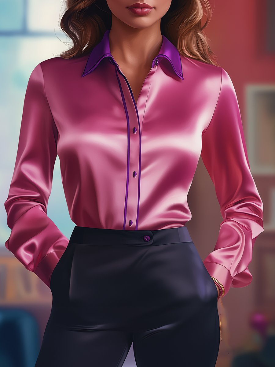 Bold Satin Blouse with Vibrant Pink and Purple Contrasts | Elegant Women's Dress