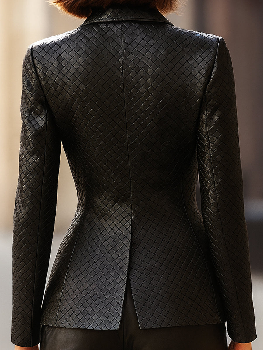 Black Woven Faux Leather Blazer | Elegant Women's Dress