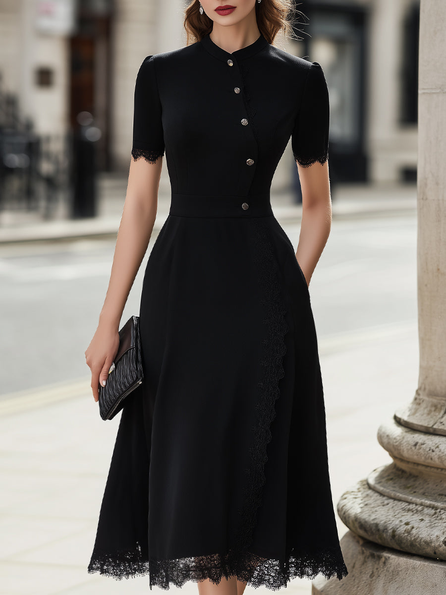 Button-Front Lace-Trim Midi Dress | Elegant Women's Dress