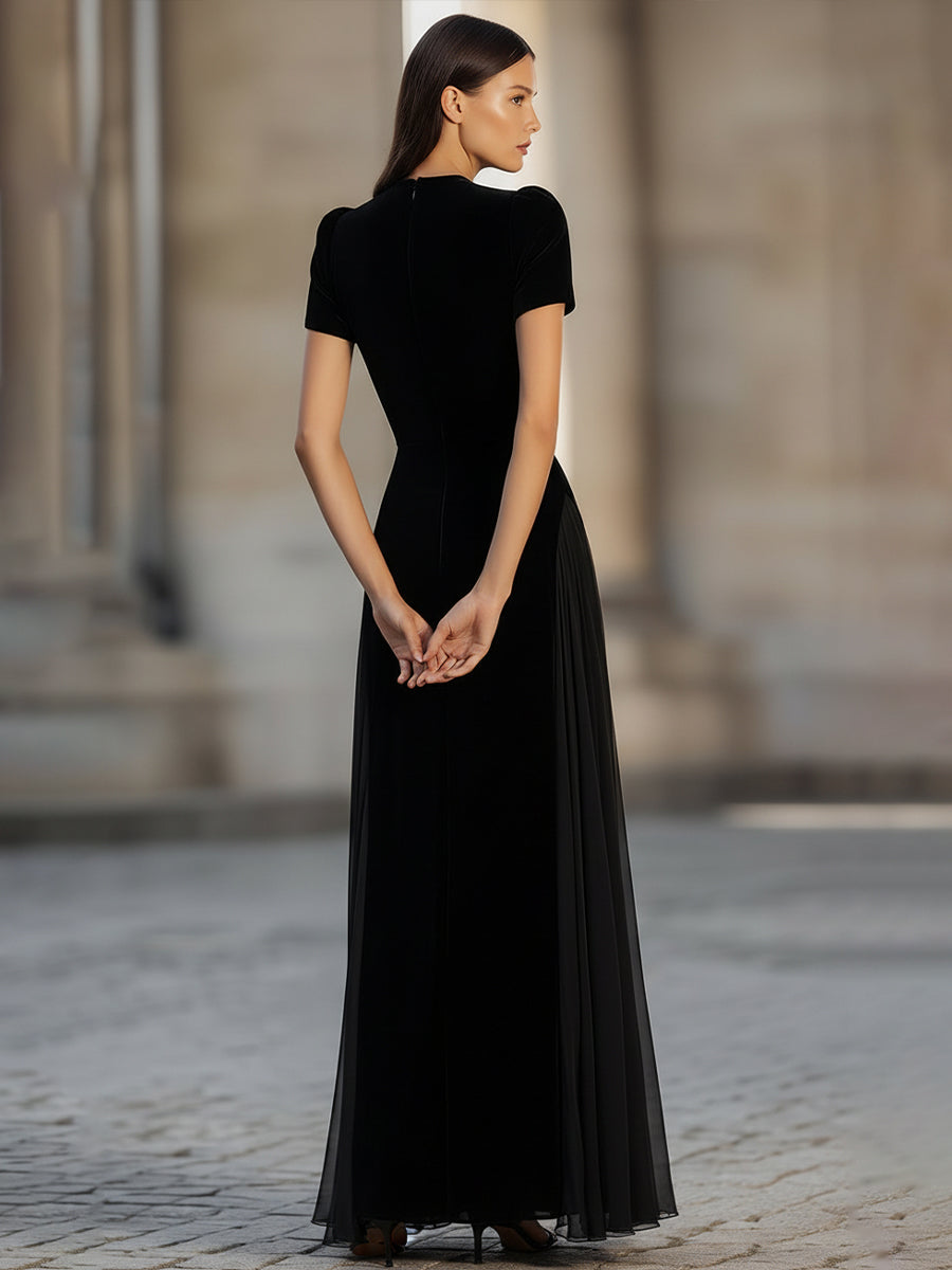 Short Sleeve Floor-Length Dress With Sheer Flowing Skirt | Elegant Women's Dress