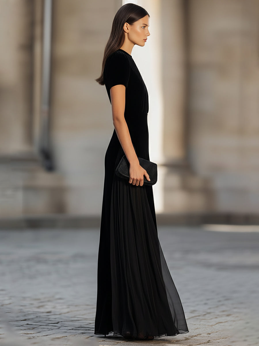 Short Sleeve Floor-Length Dress With Sheer Flowing Skirt | Elegant Women's Dress