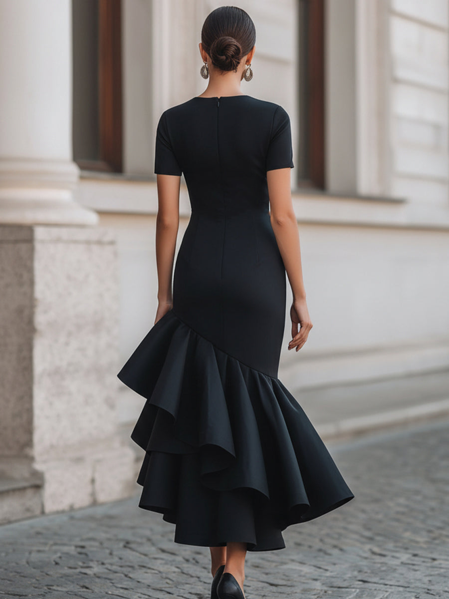 Asymmetrical Ruffle Hem Tailored Midi Dress | Elegant Women's Dress