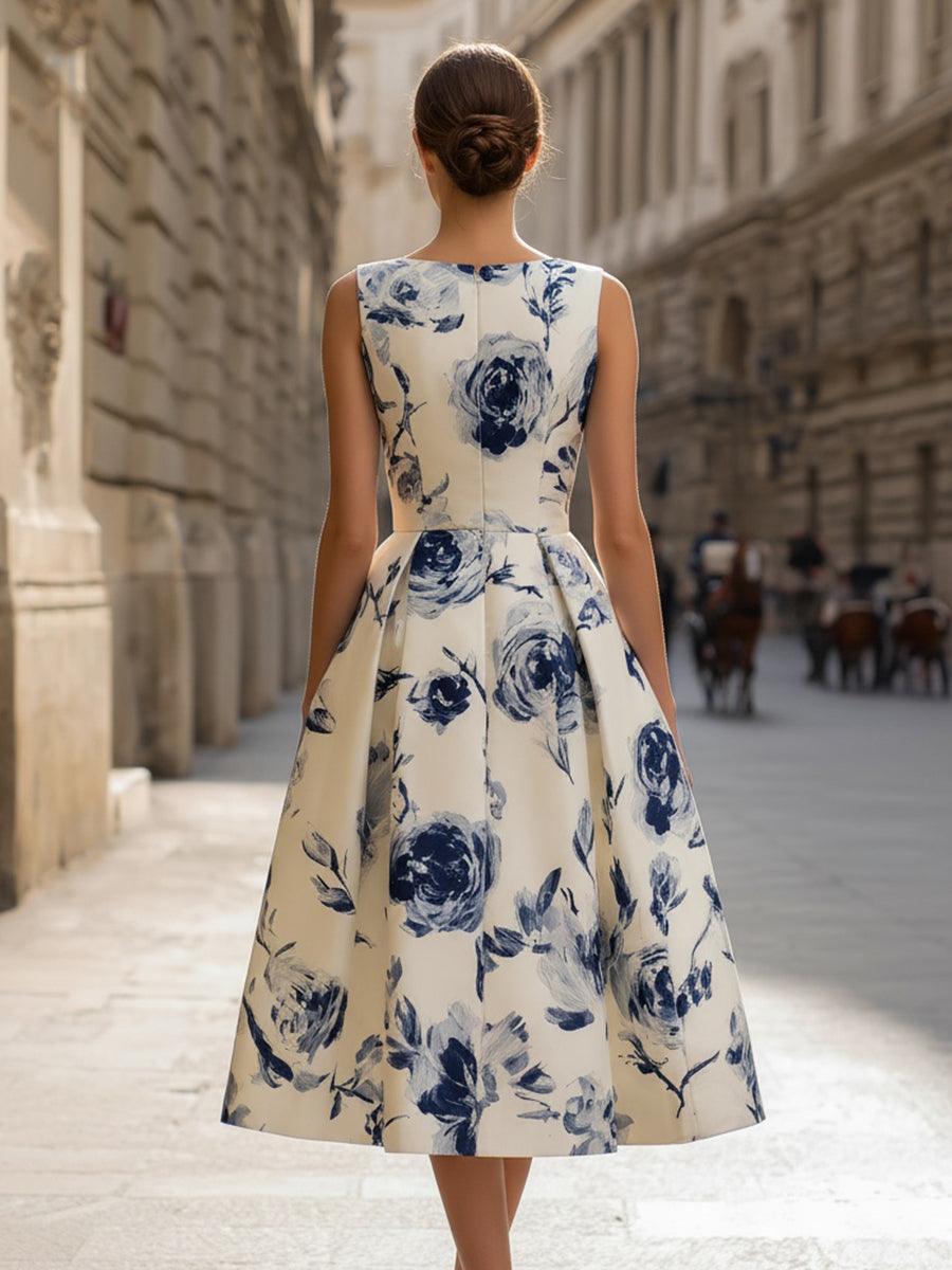 Sleeveless Floral A-Line Midi Dress | Elegant Women's Dress