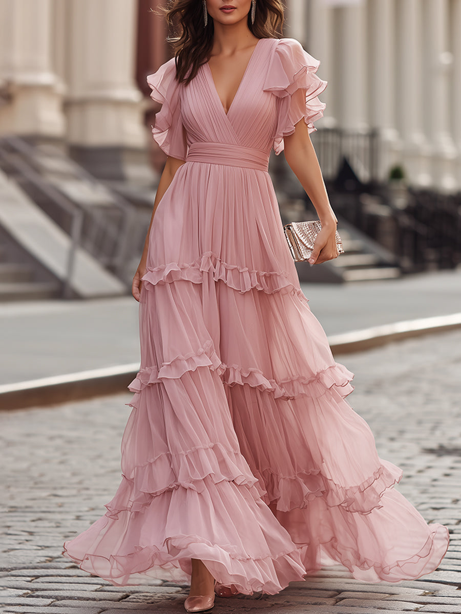 Ruffled V-Neck Tiered Maxi Dress | Elegant Women's Dress