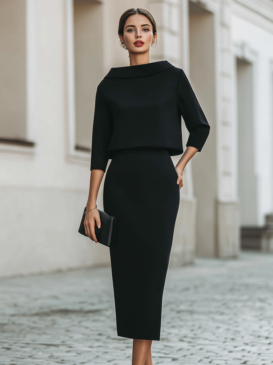 Boat Neck Top And Midi Skirt Set | Elegant Women's Dress