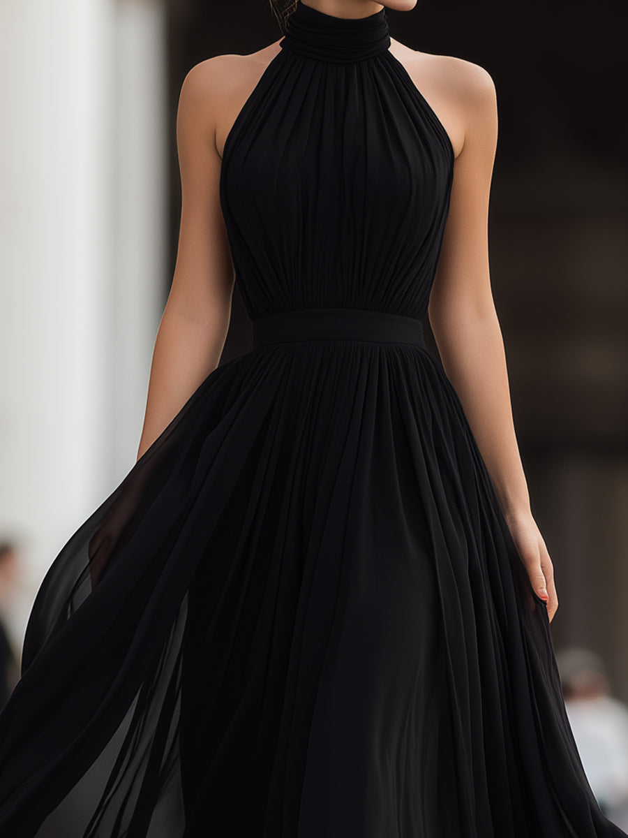 Black Halter Neck Pleated Chiffon Maxi Dress | Elegant Women's Dress