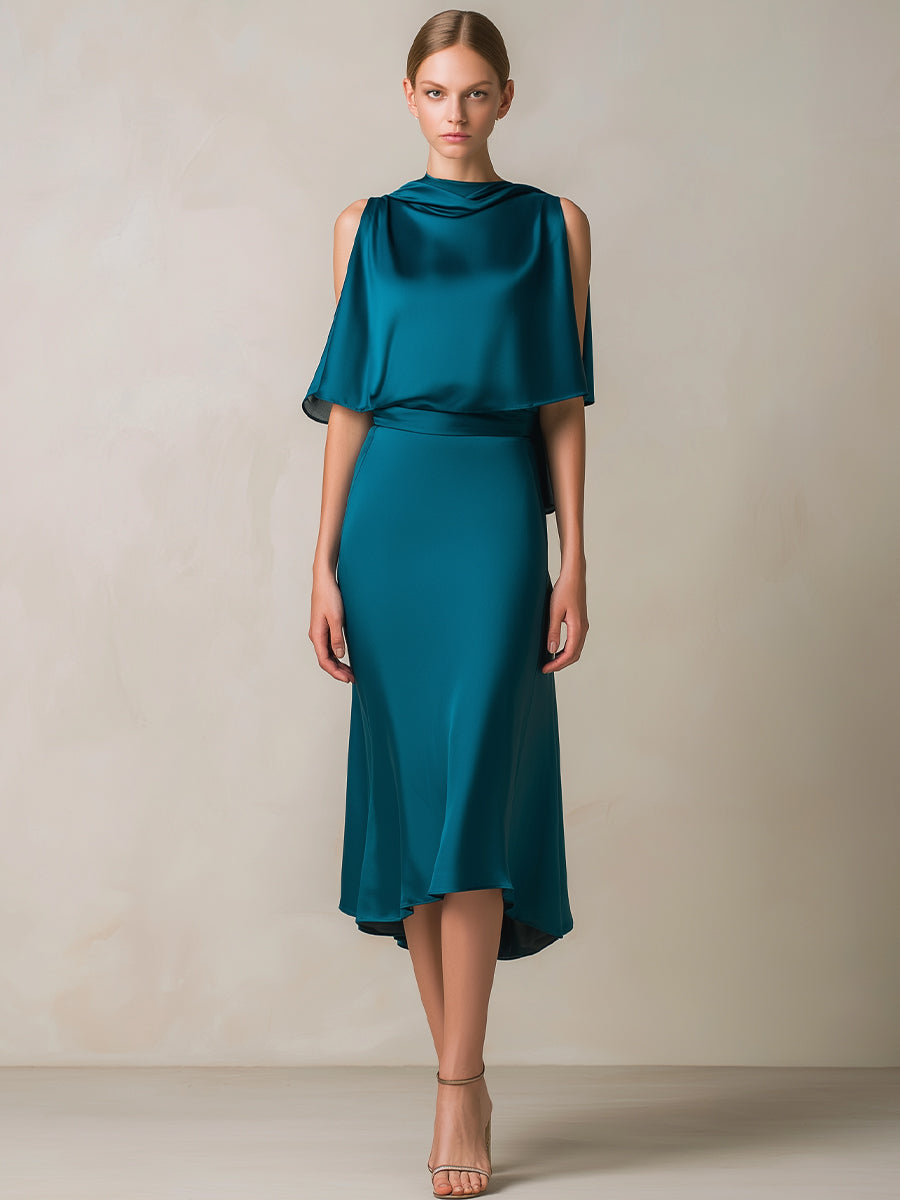 Teal Draped Cape-Sleeve Midi Dress | Elegant Women's Dress