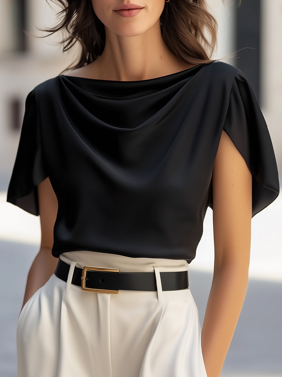 Classic Satin Draped Cap Sleeve Blouse | Elegant Women's Dress