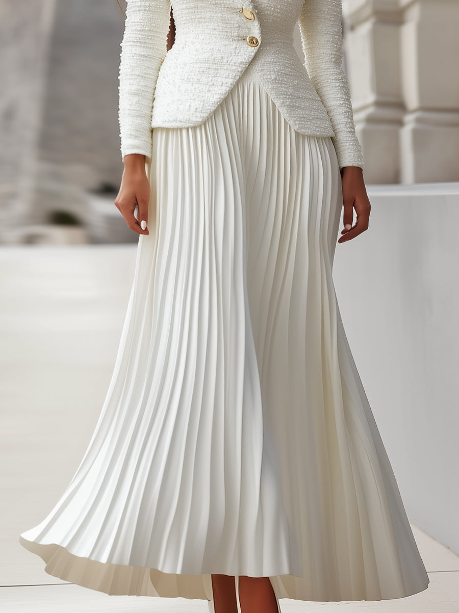 Tweed Blazer And Pleated Midi Skirt Set | Elegant Women's Dress