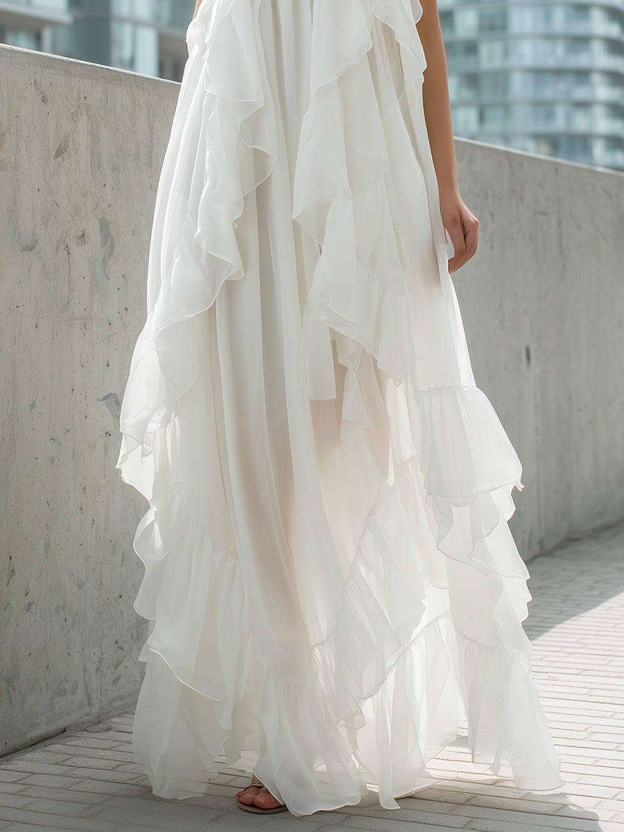 White Halter Ruffled Chiffon Maxi Dress | Elegant Women's Dress