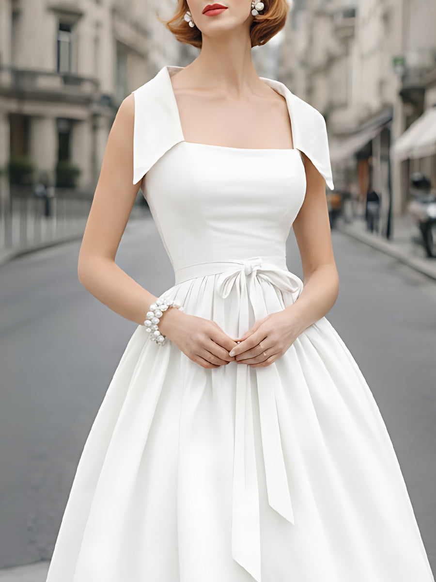 Square-Neck A-Line Dress With Structured Shoulder Detail | Elegant Women's Dress