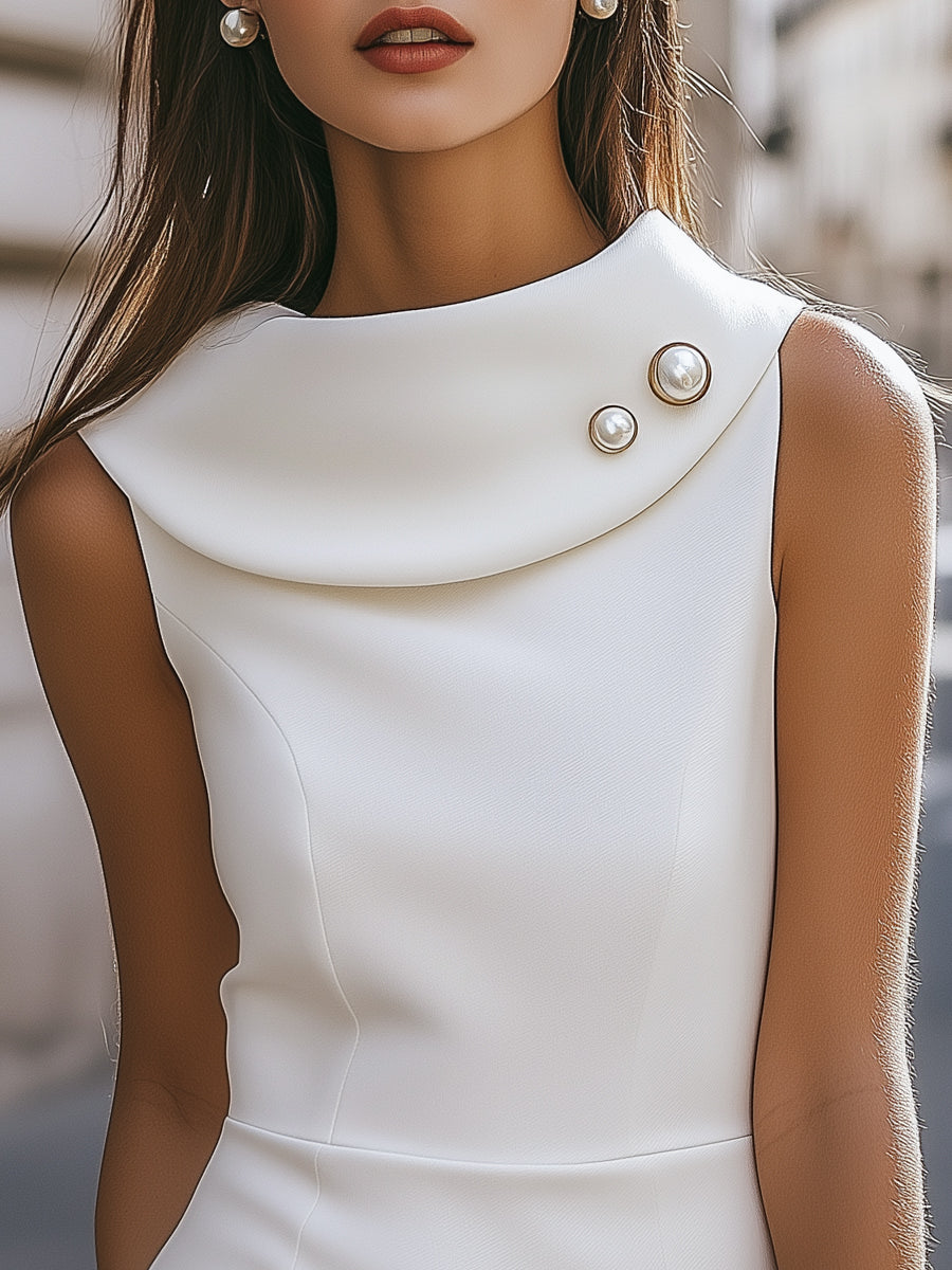 Chic Fold-Over Collar Sleeveless Satin Dress | Elegant Women's Dress