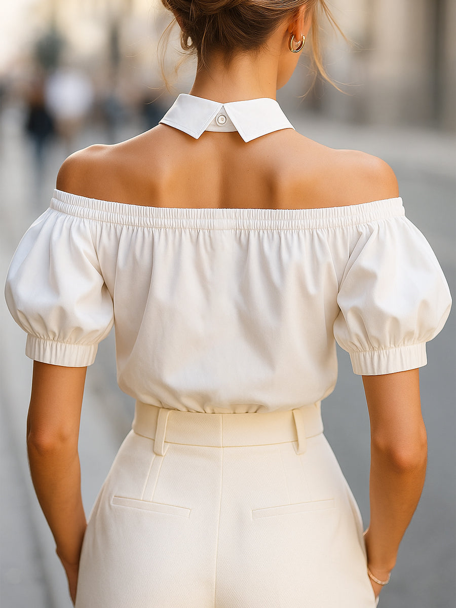 Chic Off-Shoulder Button-Up Blouse with Statement Collar | Elegant Women's Dress