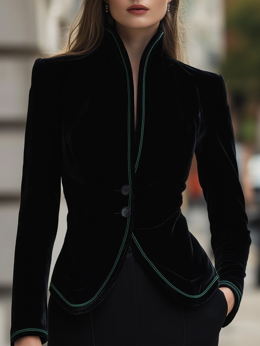 Velvet Tailored Blazer With Contrast Trim | Elegant Women's Dress