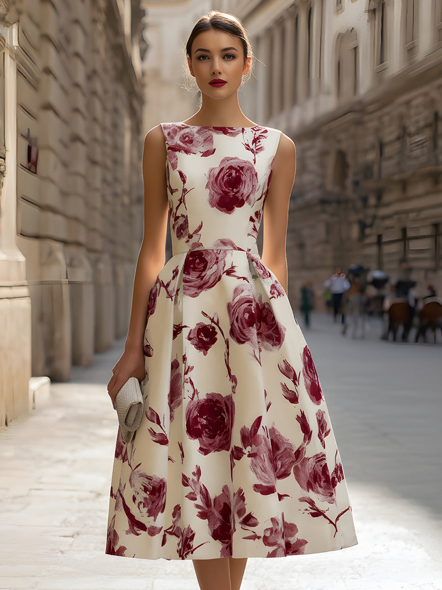 Sleeveless Floral A-Line Midi Dress | Elegant Women's Dress