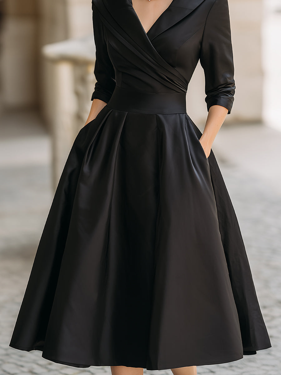 Vintage-Inspired Satin Midi Dress With Draped Collar | Elegant Women's Dress