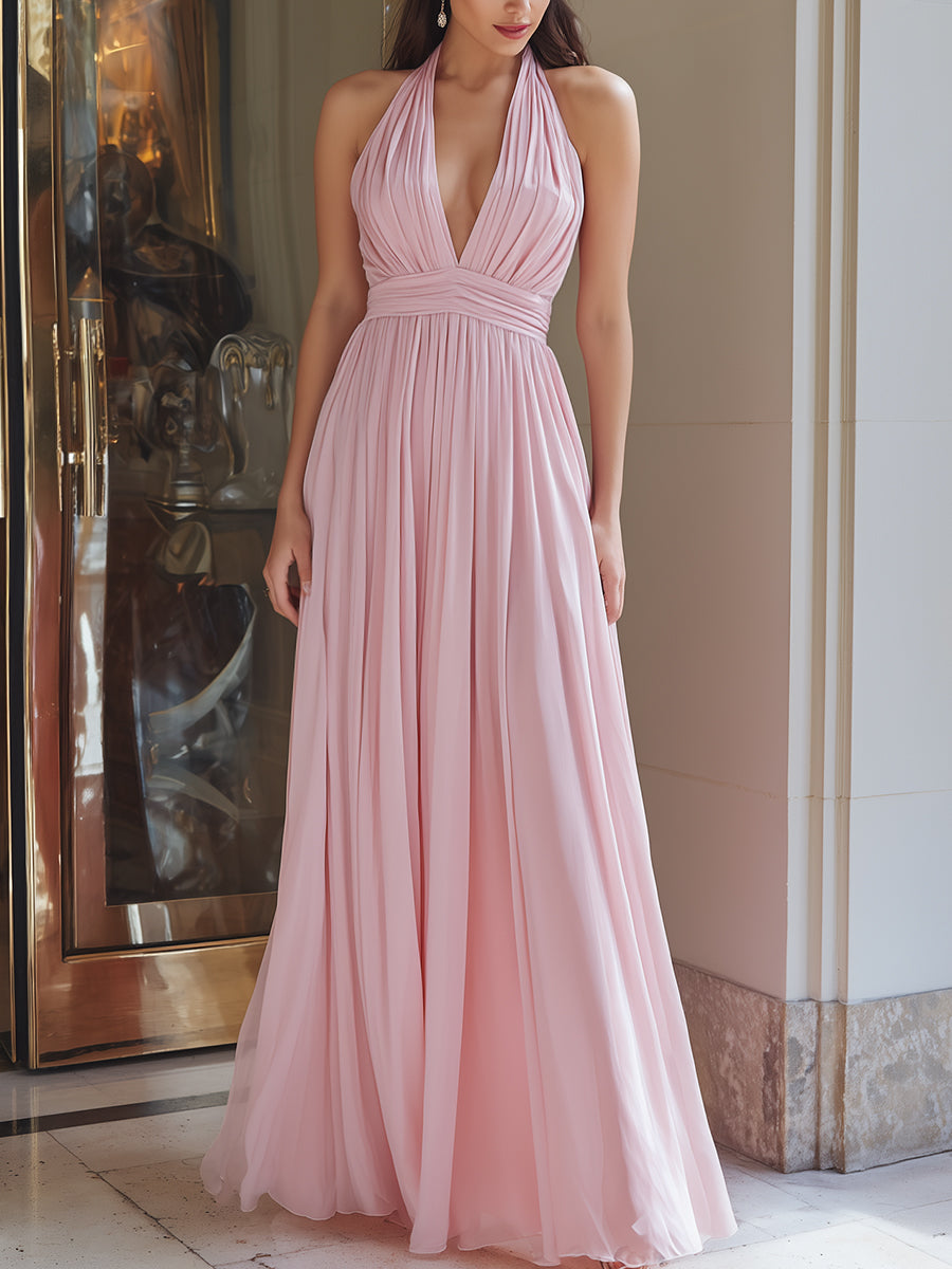 Blush Pink Halter Plunge Pleated Chiffon Maxi Dress | Elegant Women's Dress
