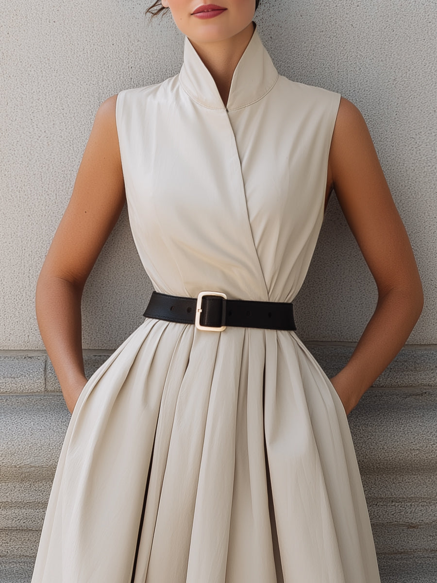 Sleeveless High-Neck Belted A-Line Midi Dress | Elegant Women's Dress