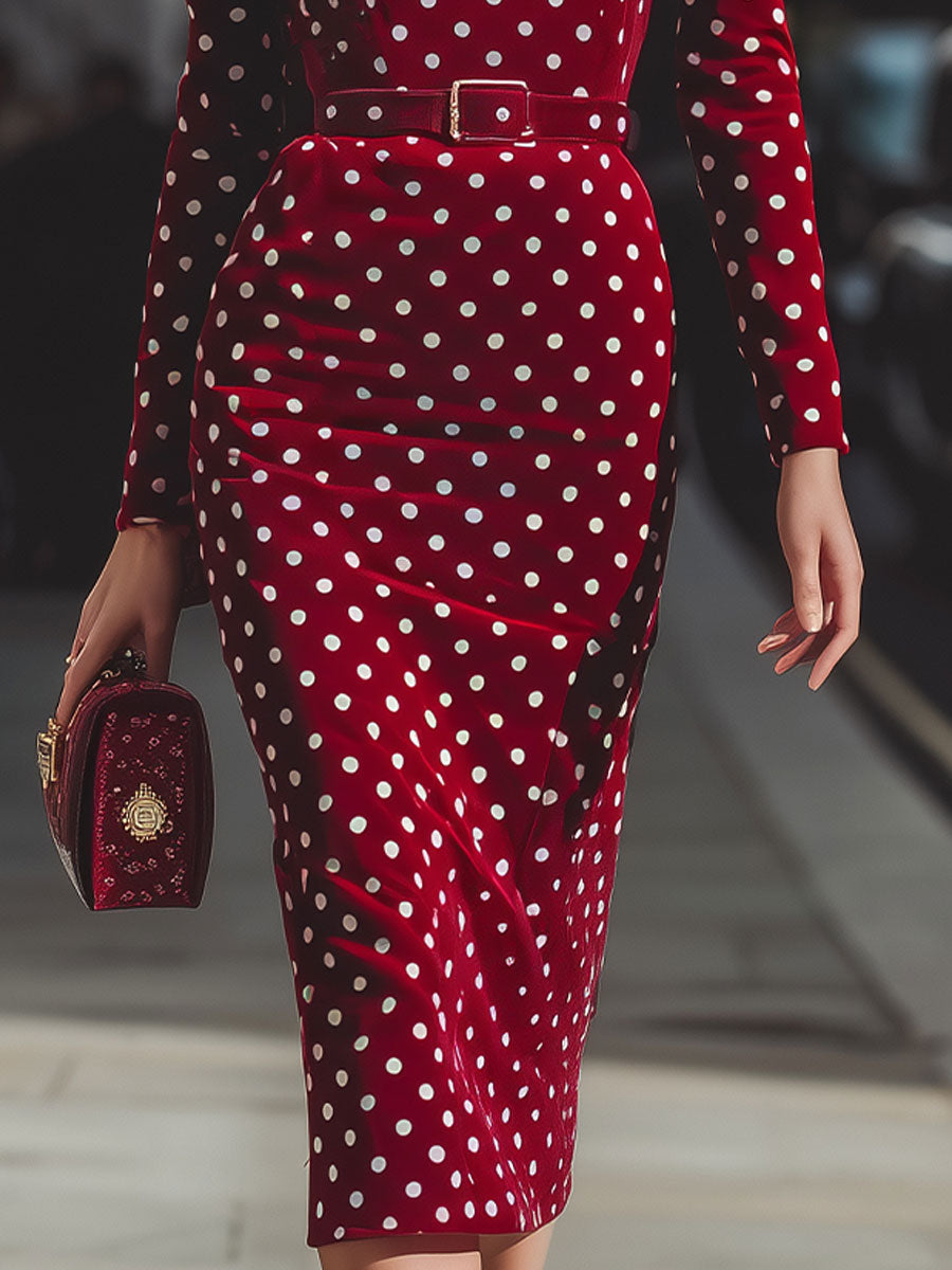Vintage-Inspired Red Polka Dot Velvet Midi Dress | Elegant Women's Dress