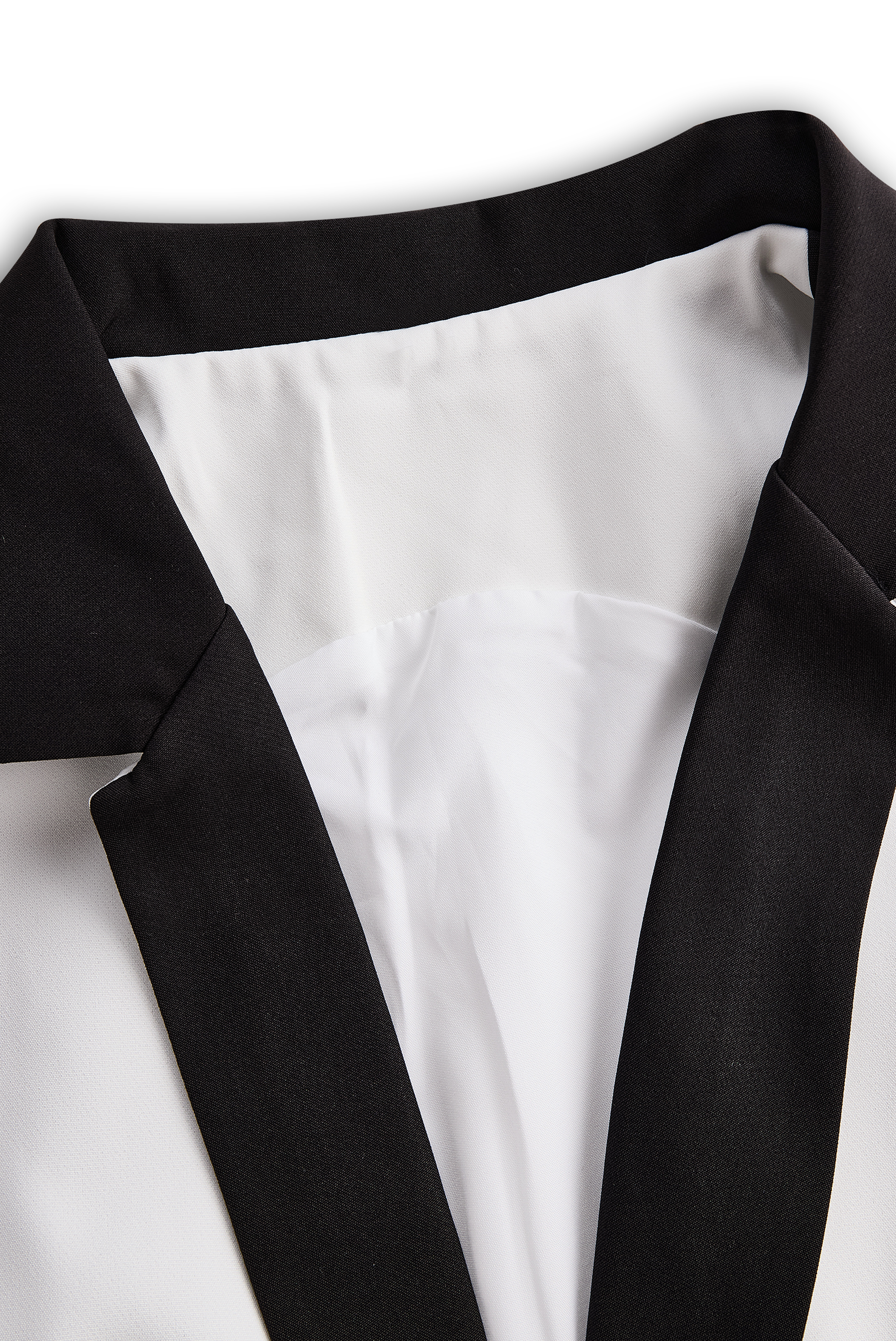 Sleek White Jumpsuit With Dual Button Detail And Black Lapel | Elegant Women's Dress